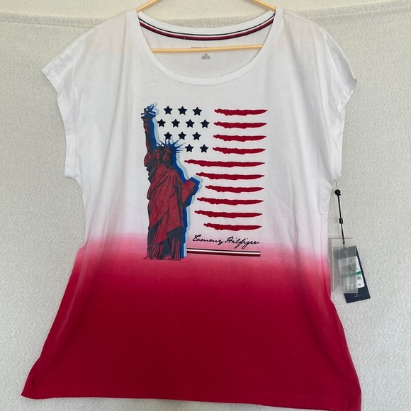 Tommy Hilfiger White and Red Statue Of Liberty Short Sleeve Shirt Size L - Picture 1 of 6